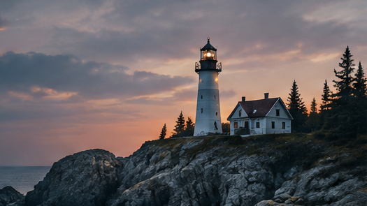 A lighthouse above a rocky coast at dusk